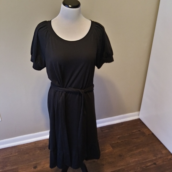 Faded Glory Dresses & Skirts - Black Dress with Belt and Short Sleeves and Ruffle Size XL